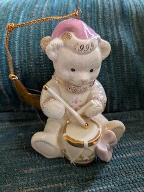 1999 Lenox Pink and White Porcelain Bear Drummer Ornament